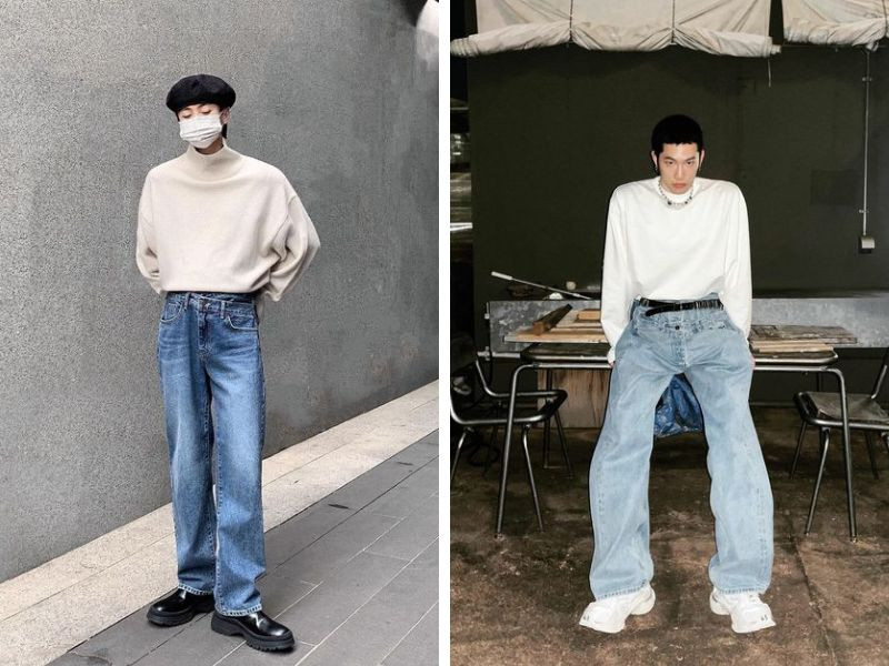 Áo len cổ lọ màu trắng mix quần Jeans
