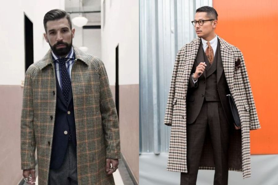 Áo măng tô kẻ cổ bẻ kết hợp suit lịch lãm