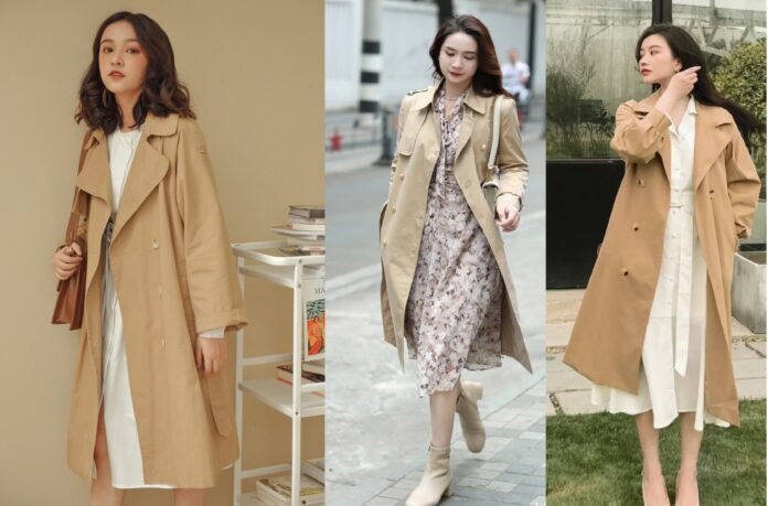 Áo trench coat phối với váy liền