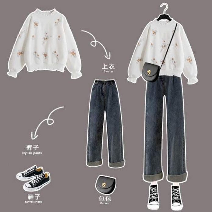 Nữ tính với áo sweater và quần jean ống xuông