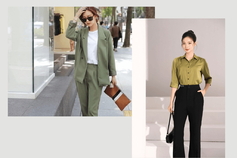 Áo xanh rêu kết hợp với quần