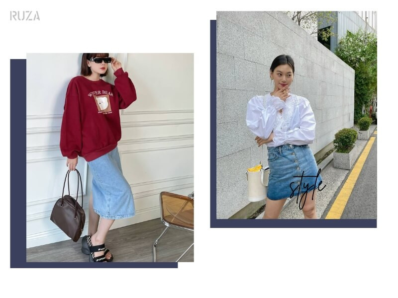 Chân váy jean phối với áo sweater - áo tay phồng