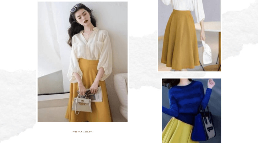 Chân váy màu vàng kết hợp với áo màu gì?