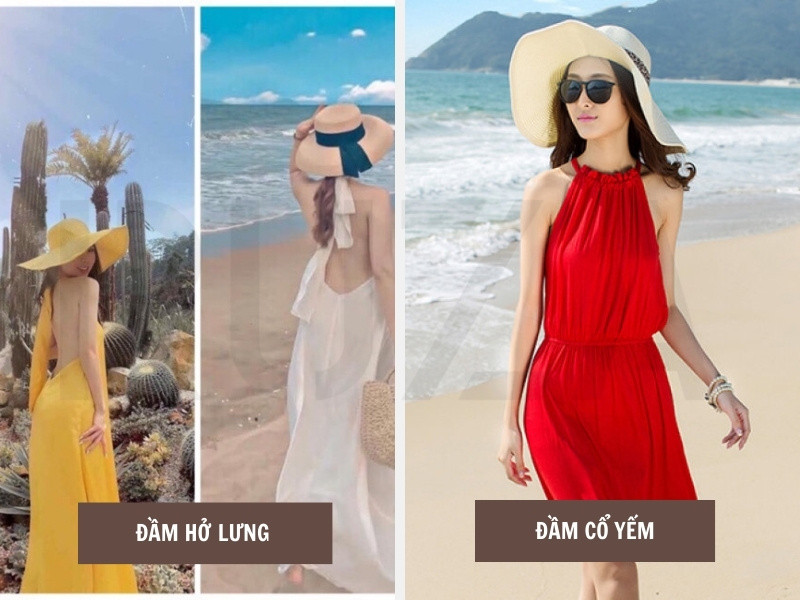 Đầm cổ yếm và đầm lệch vai đi biển