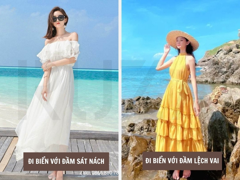 Đầm sát nách và đầm lệch vai đi biển