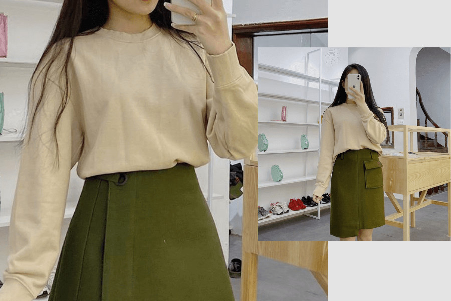 Phối chân váy xanh rêu