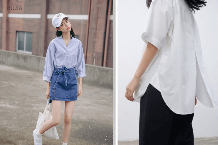 Phối đồ oversize: Sơ mi oversize với chân váy denim - Áo sơ mi oversize unisex với quần vải