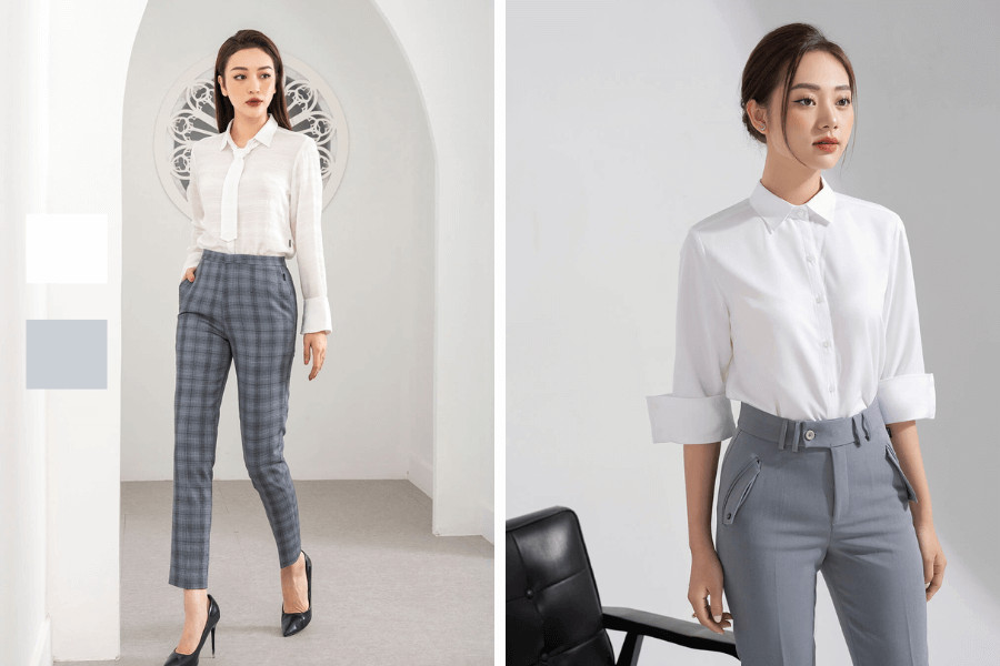 Quần xám phối với áo sơ mi trắng