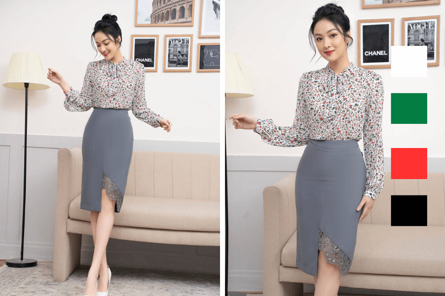 Váy xám phối áo sơ mi họa tiết